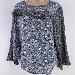LOFT | Women’s blue grey pink floral tunic | flowy | 100%‎ Polyester | Medium |
